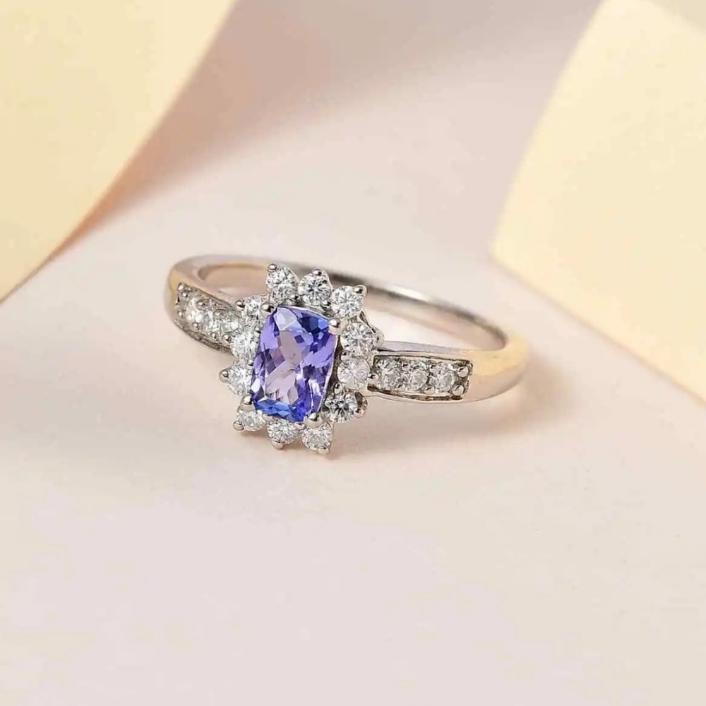 Genuine Tanzanite & Moissanite Ring. Platinum/ Sterling Silver Sz 6! - Picture 4 of 7